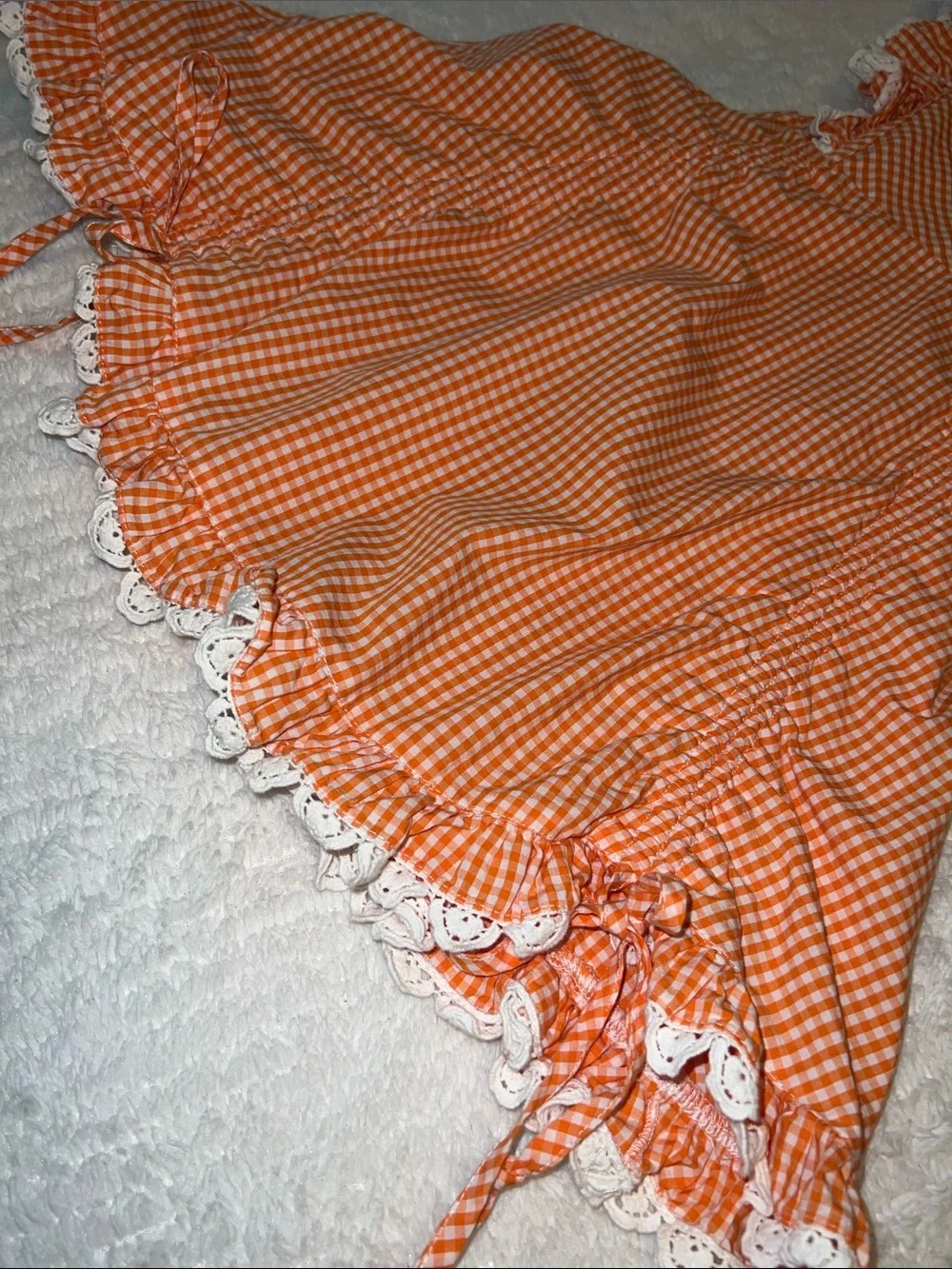 Joyfolie Orange Gingham Ruffle Dress with Lace Trim